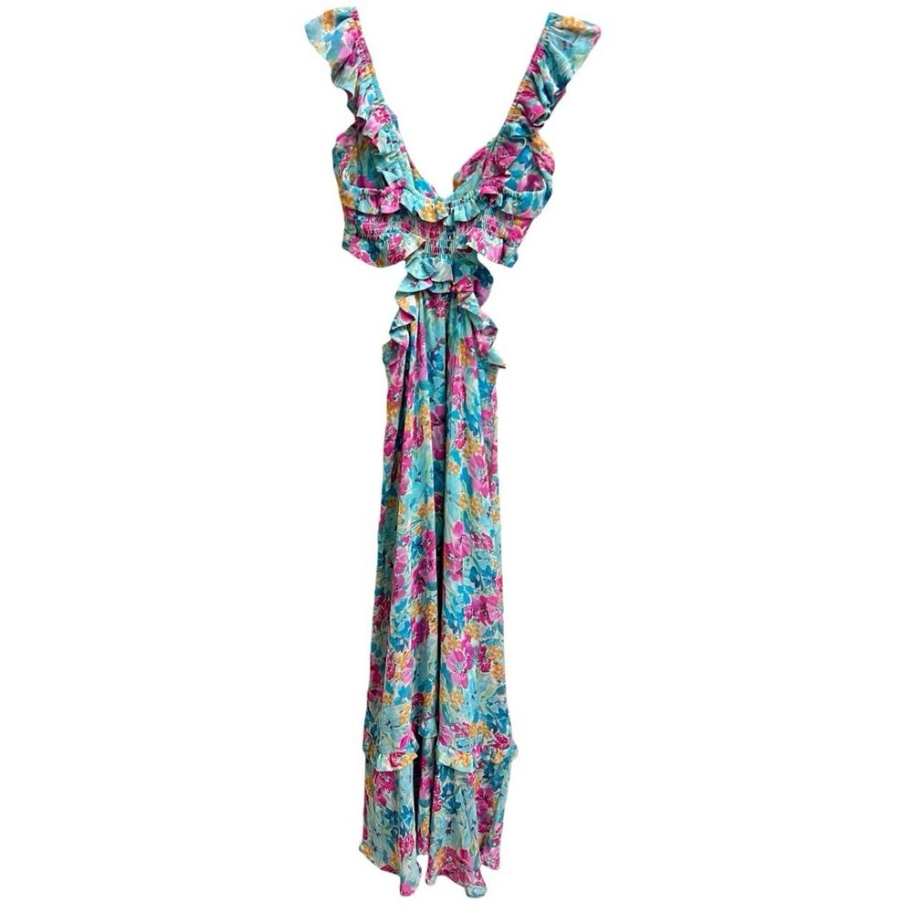Show Me Your MuMu Floral Midi Dress in Blue, Pink, Yellow - Picture 4 of 10